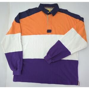 Duck Head Long Sleeve Polo Striped Orange Purple Cream Rugby Men's Large VTG 90s